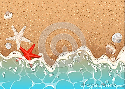 Realistic vector frame of azure foamy wave , starfish and shells.Realistic vector background of a sandy beach with azure foamy wa Vector Illustration