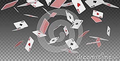 3d realistic vector icon. Flying playing cards of aces of diamonds clubs spades and hearts on transparent background Vector Illustration