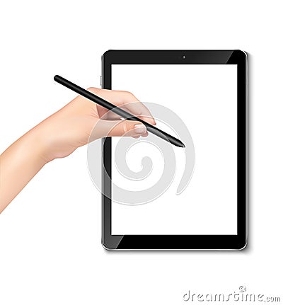 realistic vector icon. Isolated on white background. UI UX template. Tablet with hand holding pen. Vector Illustration