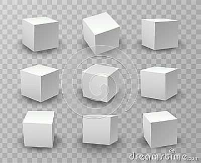 3d realistic vector icon set. White modeling cube mockups under different lightning. Vector Illustration