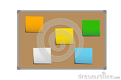Realistic vector illustration of brown cork board with frame and stickers for memorization, notes and messages Vector Illustration