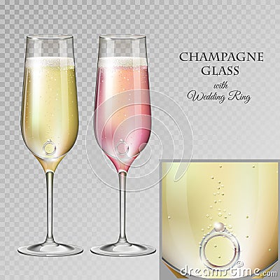 Realistic vector illustration of champagne glass with diamond wedding ring isolated on transperent background Vector Illustration