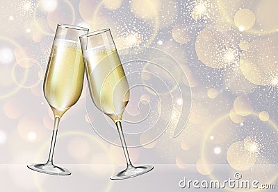 Realistic vector illustration of champagne glasses on blurred holiday silver sparkle background Vector Illustration