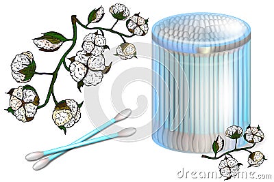 Realistic vector illustration of the cotton buds plastic container and flowers Cotton. Cotton swab stick. Tool for Vector Illustration