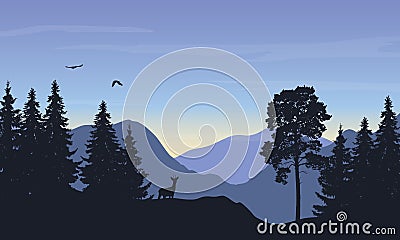 Realistic vector illustration of mountain landscape with forest, deer and eagle under the sky with rising sun Vector Illustration