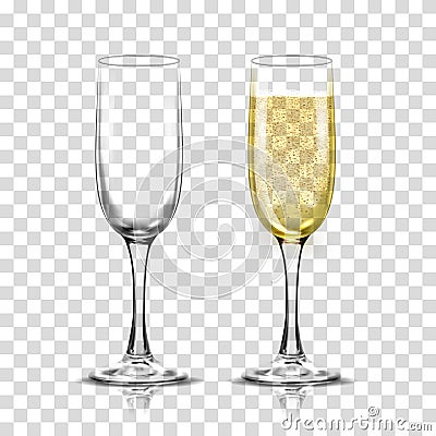 Realistic vector illustration set of transparent champagne glasses with sparkling white wine and empty glass. Vector Illustration
