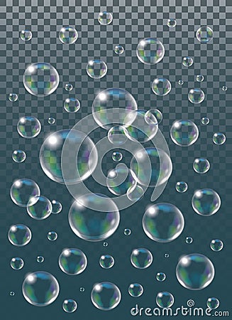 Realistic vector isolated Soap Bubbles on the black background. Vector Illustration