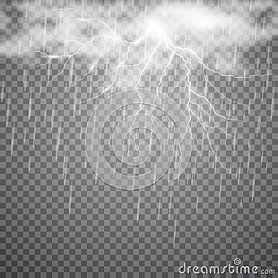 Realistic vector lightning with rain and cloud on checkered background. Bright, electric lightning Vector Illustration