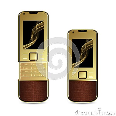 Realistic vector luxurious and glamorous golden mobile phone. Elegant mobile handset gold plating. Combination of precious metals Vector Illustration