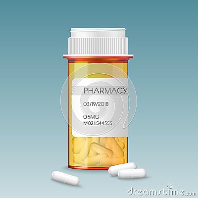 Realistic vector medical orange pills bottle with a blank label prescription medicine tablets. Ads template mockup Vector Illustration
