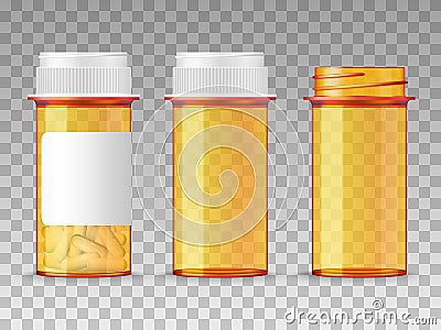 Realistic vector medical orange pills bottle isolated on transparent background. Empty closed, opened, and with a blank Vector Illustration