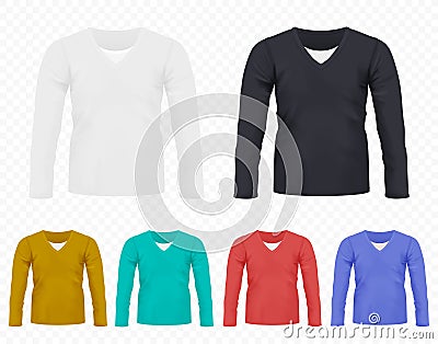 Realistic vector Men T-shirt with long sleeves set. Full editable different colors tshirt collection. Vector Illustration