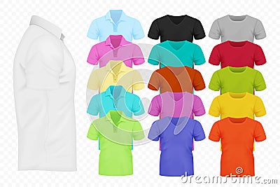 Realistic vector Men T-shirt set. Full editable different colors tshirt collection. Vector Illustration