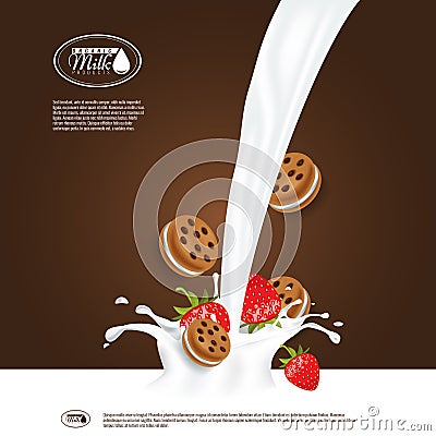 Realistic vector milk splash with strawberry and sandwich cookies. Empty milk advertisement or banner template for your Vector Illustration