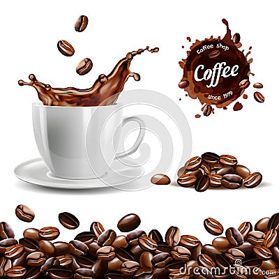 Realistic vector set of elements: coffee beans background, coffee cup, a coffee splash, pile and stain, logo Vector Illustration