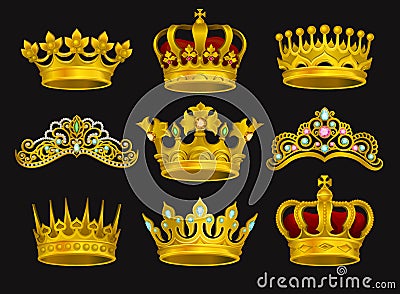 Realistic vector set of golden crowns and tiaras decorated with precious stones. Shiny headdress of royal person Vector Illustration