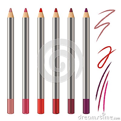 Realistic vector set of lip pencil mockup. Decorative cosmetic colored pencils. Red, pink, magenta color Cosmetic pencil Vector Illustration