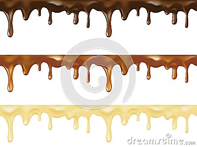 Realistic vector set of melted dark, white and milk sweet chocolate dripping seamless. Vector design for desserts or Vector Illustration