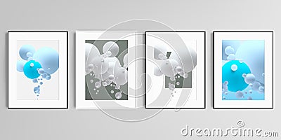 Realistic vector set of picture frames in A4 format isolated on gray background. Abstract composition with 3d balls or Vector Illustration
