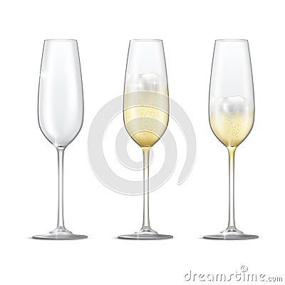 Realistic vector set of sparkling champagne glasses. Empty glass, full and half full champagne glass. Vector Illustration