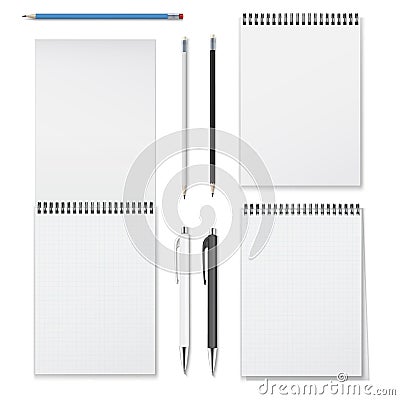 Realistic vector set of vertical spiral notebooks open closed and writing instruments such as pencils and pens. Vector Illustration