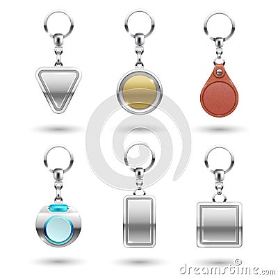 Realistic vector silver, golden, leather keychains in different shapes isolated on transparent background Vector Illustration