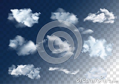 Realistic vector sky elements. Set of clouds on transparent back Vector Illustration