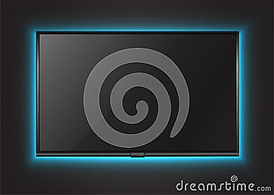 realistic vector TV scree on the wall with neon light. Vector Illustration