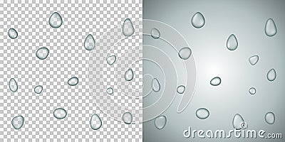 Realistic vector water droplets on a transparent background. Example on a gray background Vector Illustration