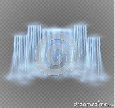 Realistic vector waterfall with clear water. Natural element for design landscape images.Isolated on transparent Vector Illustration