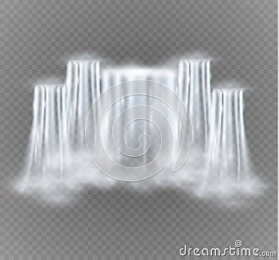 Realistic vector waterfall with clear water. Natural element for design landscape images.Isolated on transparent Vector Illustration