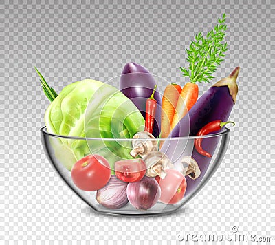Realistic Vegetables In Glass Bowl Vector Illustration