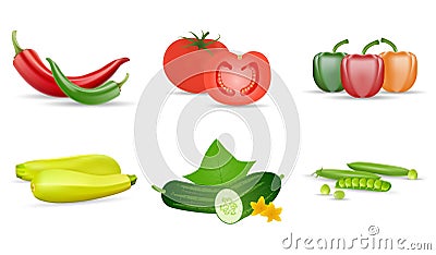 Realistic vegetables. Tomato, green cucumbers, peppers, zukini and pea pod. Isolated 3d vector icon set, eps 10 Vector Illustration