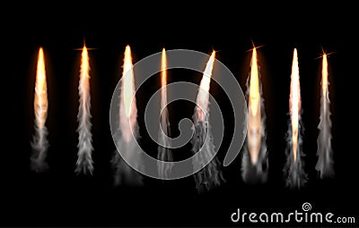 Realistic vertical fire and smoke rocket trails collection vector illustration Vector Illustration