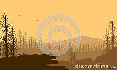 Realistic view of the mountains with the forest from the outskirts of the city in the late afternoon. Vector Vector Illustration