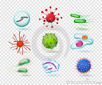 Realistic viruses. bacteria germs microorganism. 3d microscopic infection cells. Vector isolated set Vector Illustration