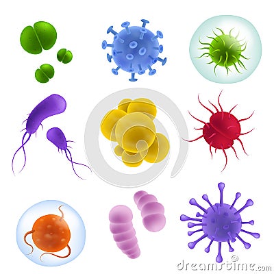 Realistic viruses types. 3d bacteria and germs, microorganism shapes and bacillus flu, covid-19 pathogen. Biological Vector Illustration