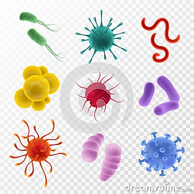 Realistic viruses. Types and microorganism colorful shapes. Bacteria, germs and bacillus flu and covid-19. Biological Vector Illustration