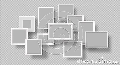 Realistic wall blank floating photo frames mockup. 3d empty picture frame for gallery. White wood borders for art Vector Illustration