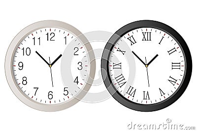 Realistic wall clock set with black Roman numerals and white clock-face dial with Arabic numerals. Vector Illustration