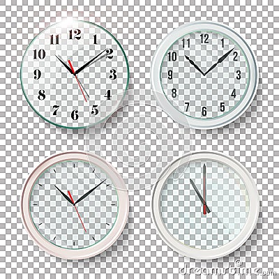 Realistic Wall Clocks Set Vector Illustration. Transparent Face. One Clock For Every Hour. Black Hands. Ready To Apply. Graphic El Vector Illustration