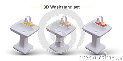 Realistic wash basin, top view. Washstand set. Sinks with faucets of different colors Vector Illustration