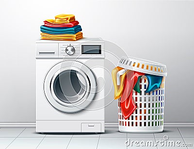 Vector 3d washing machine and laundry basket Vector Illustration