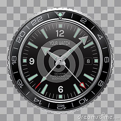 Realistic watch clock chronograph face stainless steel black dial on checkered pattern background vector Vector Illustration