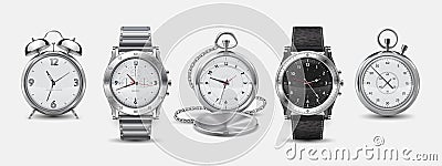 Realistic watches. 3D square and round wall clock, wrist watches, alarm and chronometer with metallic and plastic bezels Vector Illustration