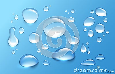 Realistic water drop. Transparent aqua splashes and droplets. Clean and fresh water condensation on surface. Isolated drips Vector Illustration