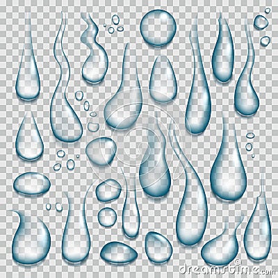 Realistic water drop. Transparent pure drops, tears splash and clearness droplets 3d vector set Vector Illustration