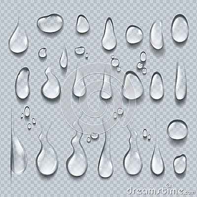 Realistic water drops. 3D transparent condensation droplets, bubble collection on clear surface. Rain drops vector Vector Illustration