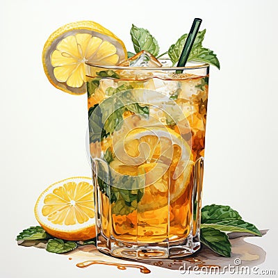 Realistic Watercolor Illustration Of Arnold Palmer Cocktail Cartoon Illustration