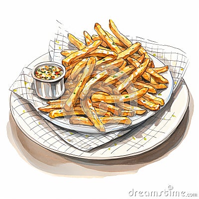 Realistic Watercolor Illustration Of French Fries On A Bar Plate Cartoon Illustration